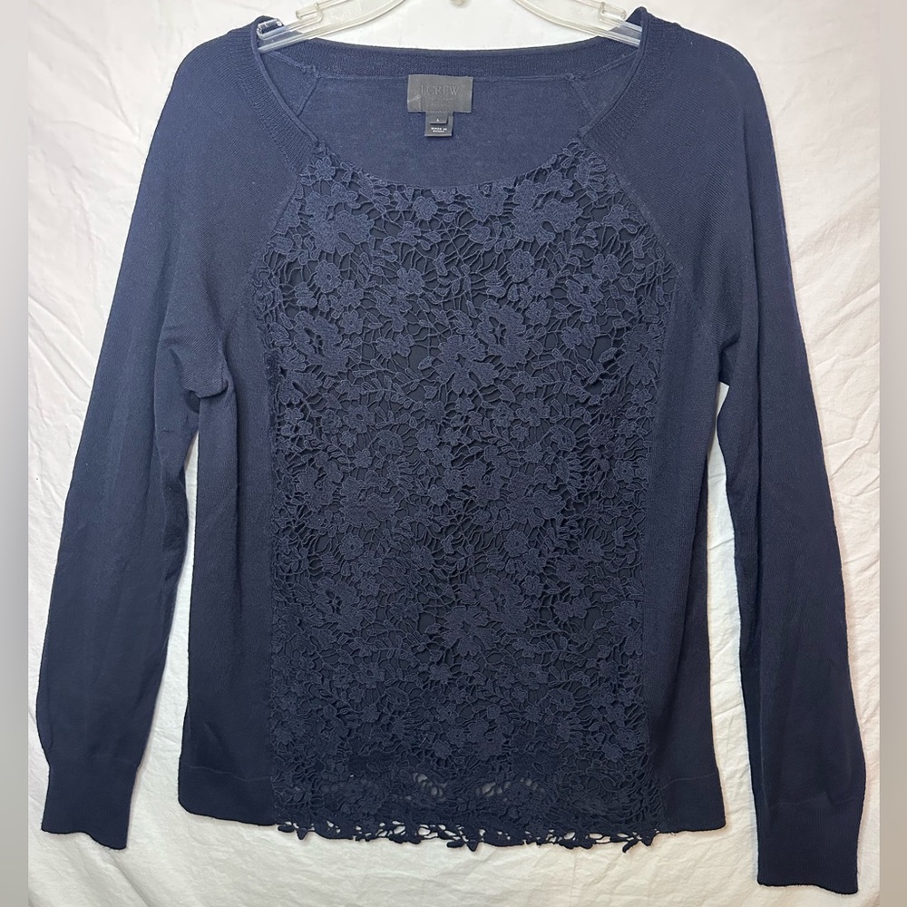 J.Crew Merino Wool Lace Front Sweater Size Large Black Floral Knit